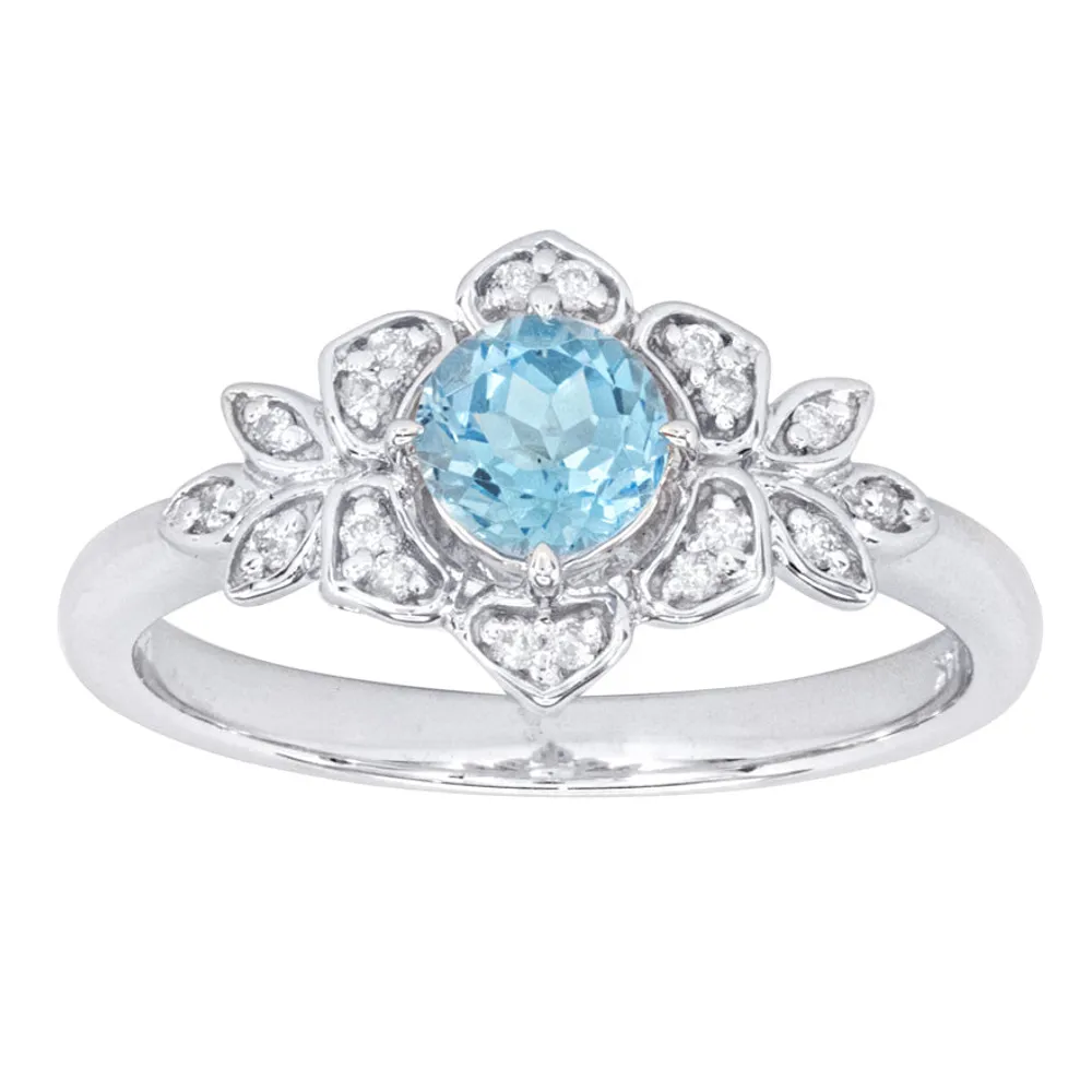 Round Blue Topaz and Diamond Ring 14K White Gold (0.09ct tw)