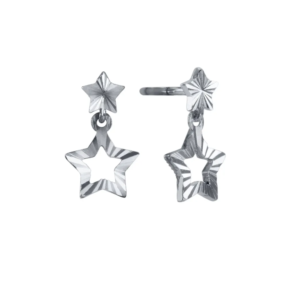 Double Star Drop Earrings In 10K White Gold