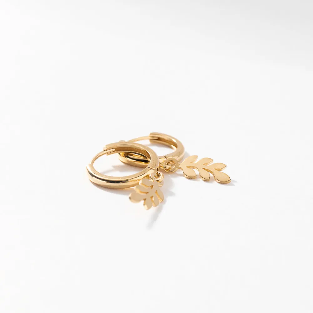 Olive Leaf Drop Hoop Earrings in 10K Yellow Gold