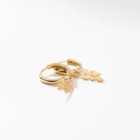 Olive Leaf Drop Hoop Earrings in 10K Yellow Gold