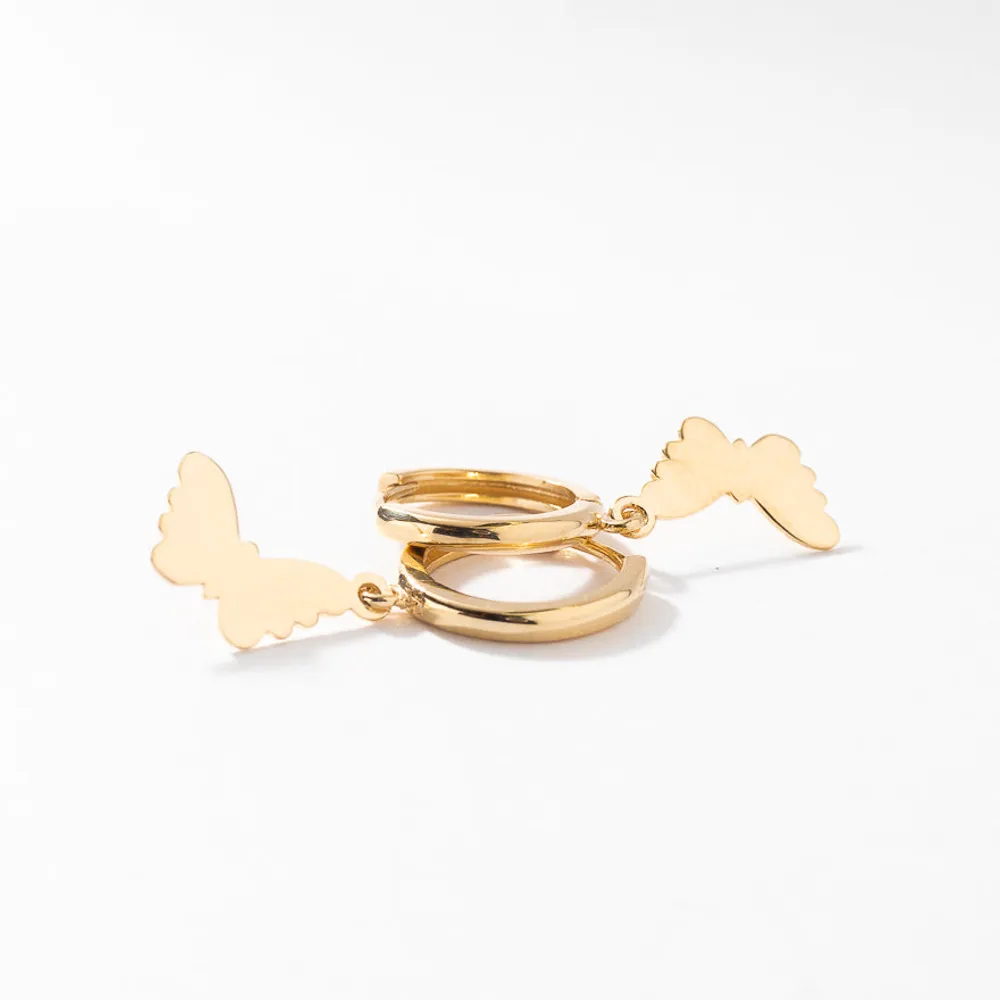 Butterfly Drop Hoop Earrings in 10K Yellow Gold