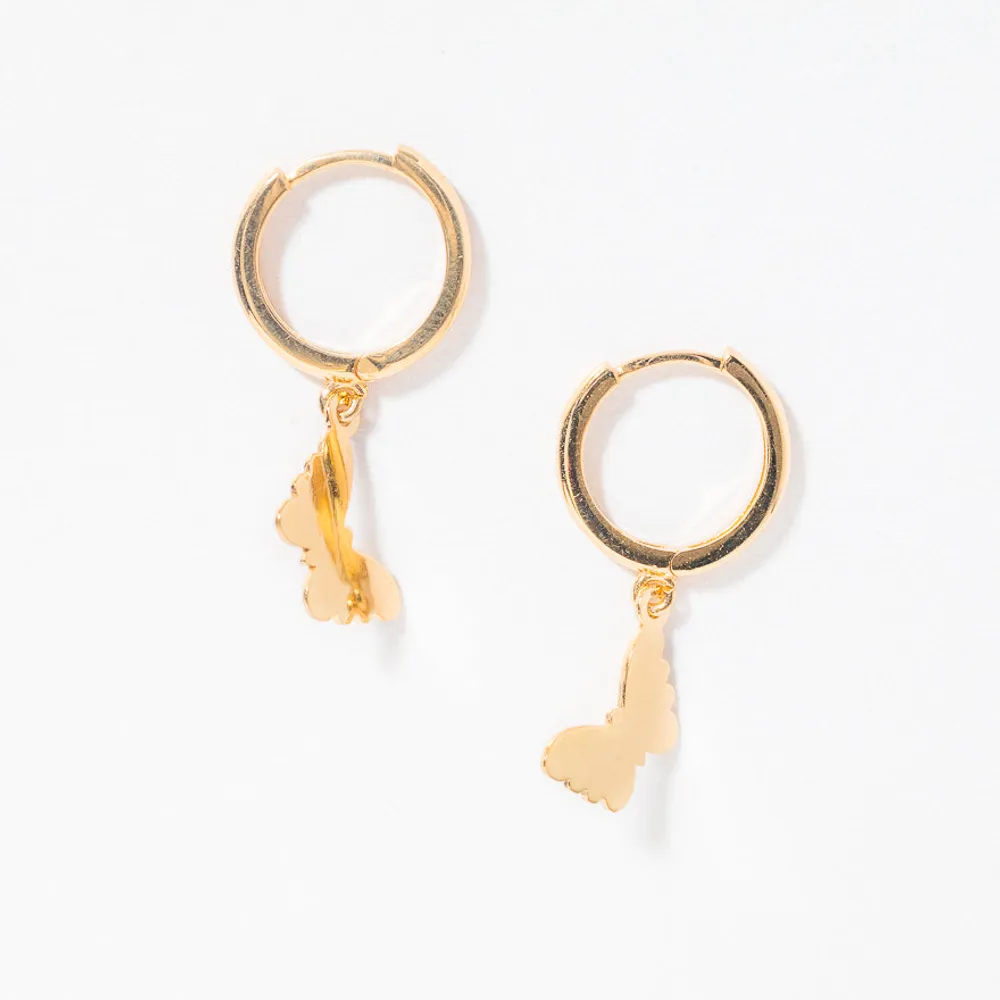 Butterfly Drop Hoop Earrings in 10K Yellow Gold