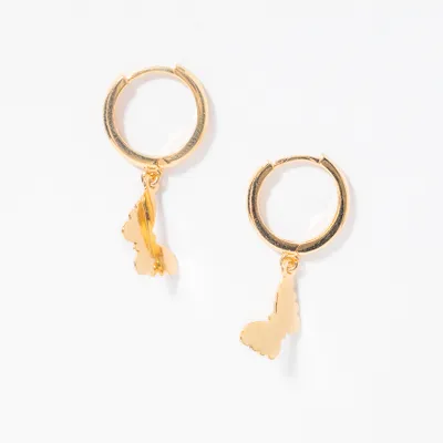 Butterfly Drop Hoop Earrings in 10K Yellow Gold