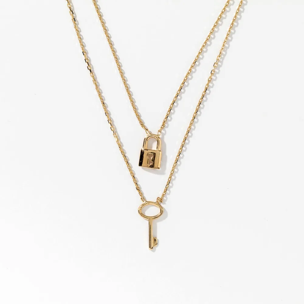 Lock and Key Double Strand Necklace in 10K Yellow Gold