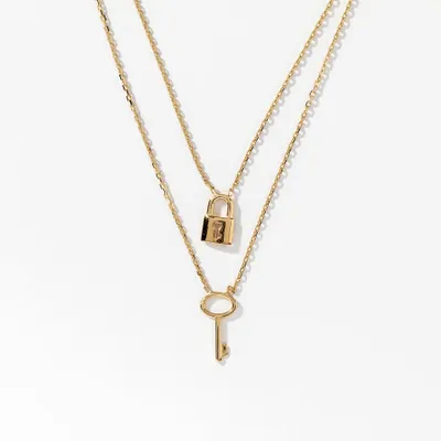 Lock and Key Double Strand Necklace in 10K Yellow Gold