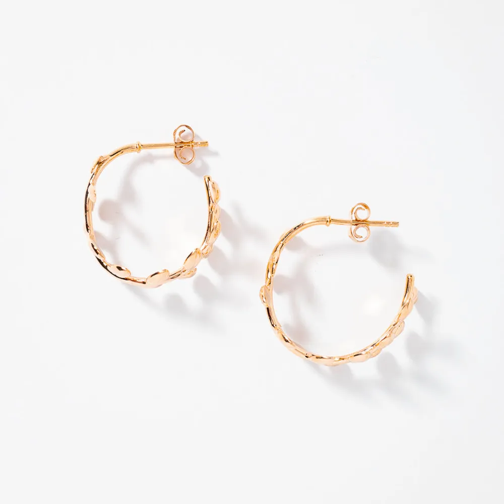 Olive Leaf Hoop Earrings in 10K Yellow Gold