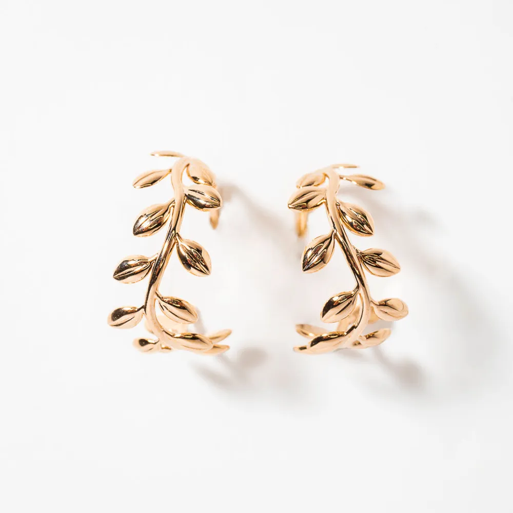 Olive Leaf Hoop Earrings in 10K Yellow Gold