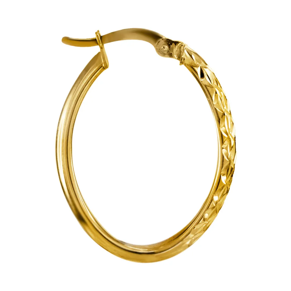 Oval Diamond Cut Hoop Earrings 10K Gold