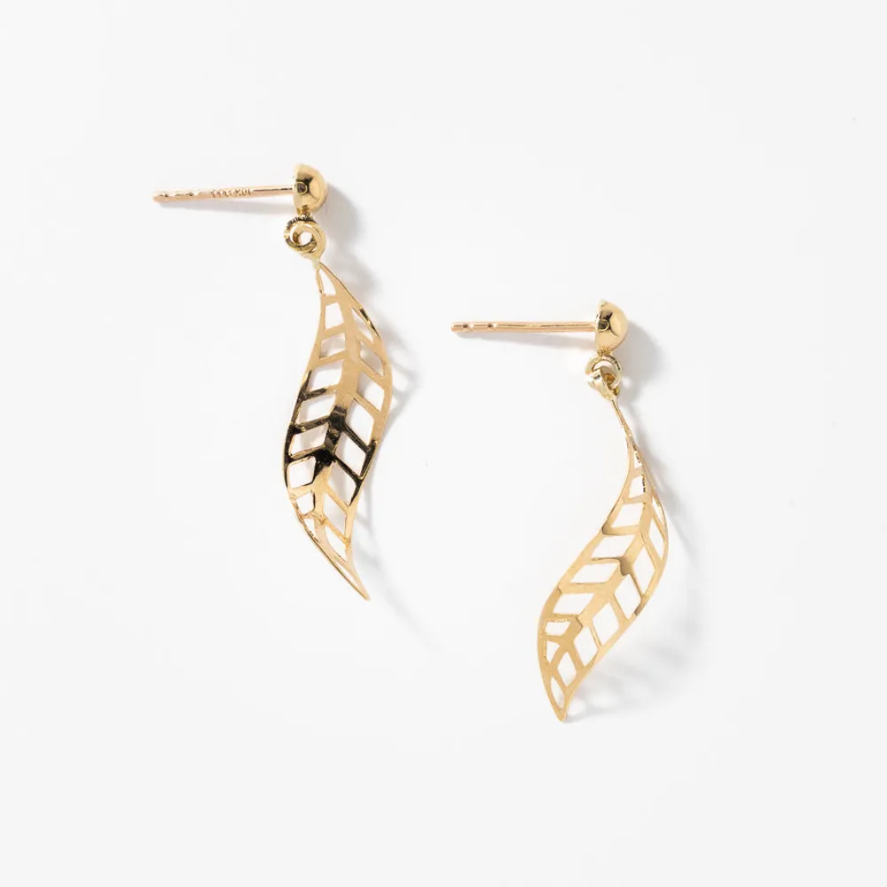 Open Leaf Drop Earrings in 10K Yellow Gold