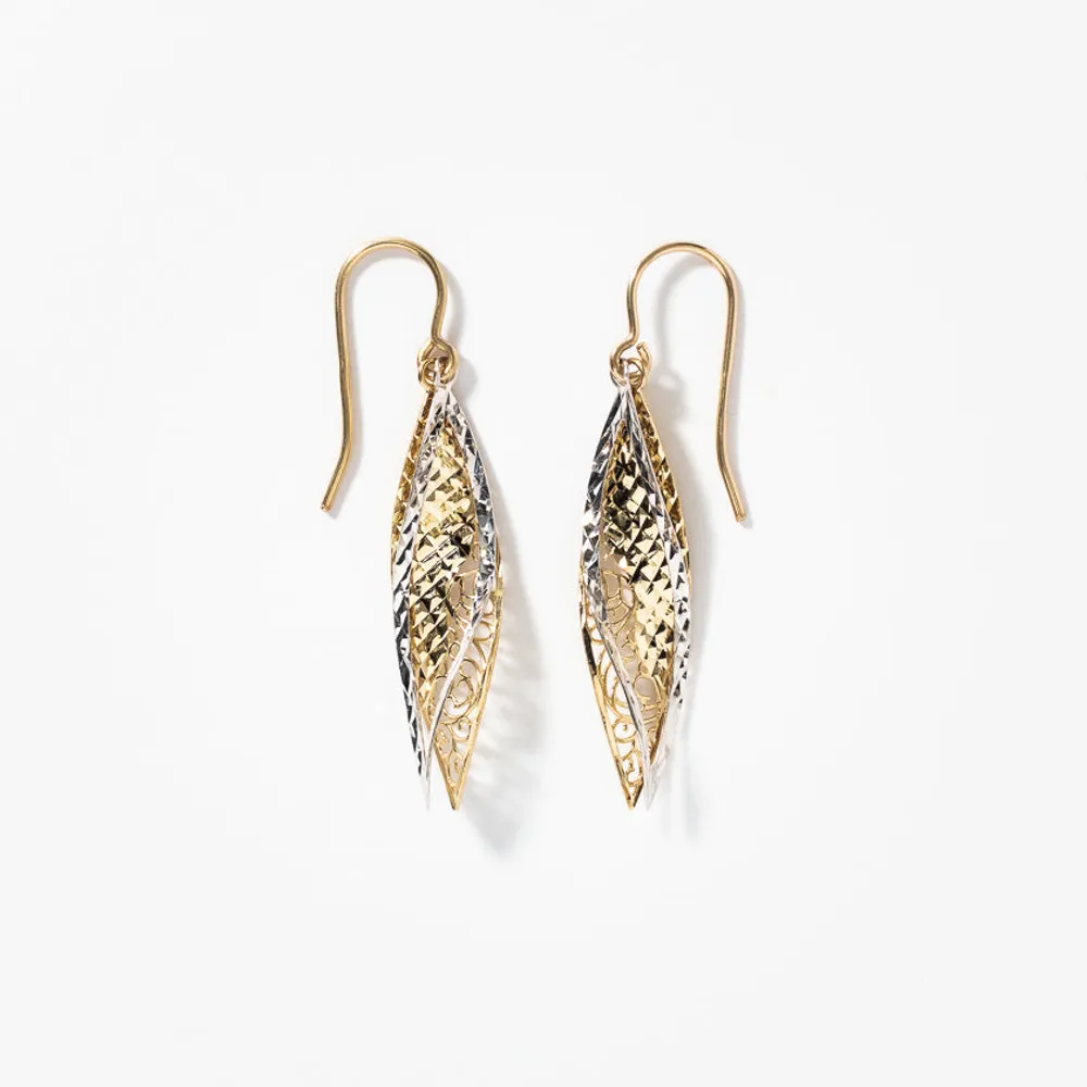 Open Leaf Cutout Drop Earrings in 10K Yellow and White Gold