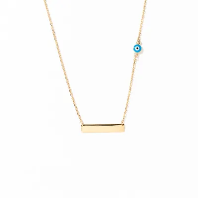 Gold Bar Necklace with Evil Eye Charm in 10K Yellow Gold