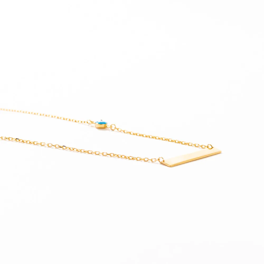 Gold Bar Necklace with Evil Eye Charm in 10K Yellow Gold