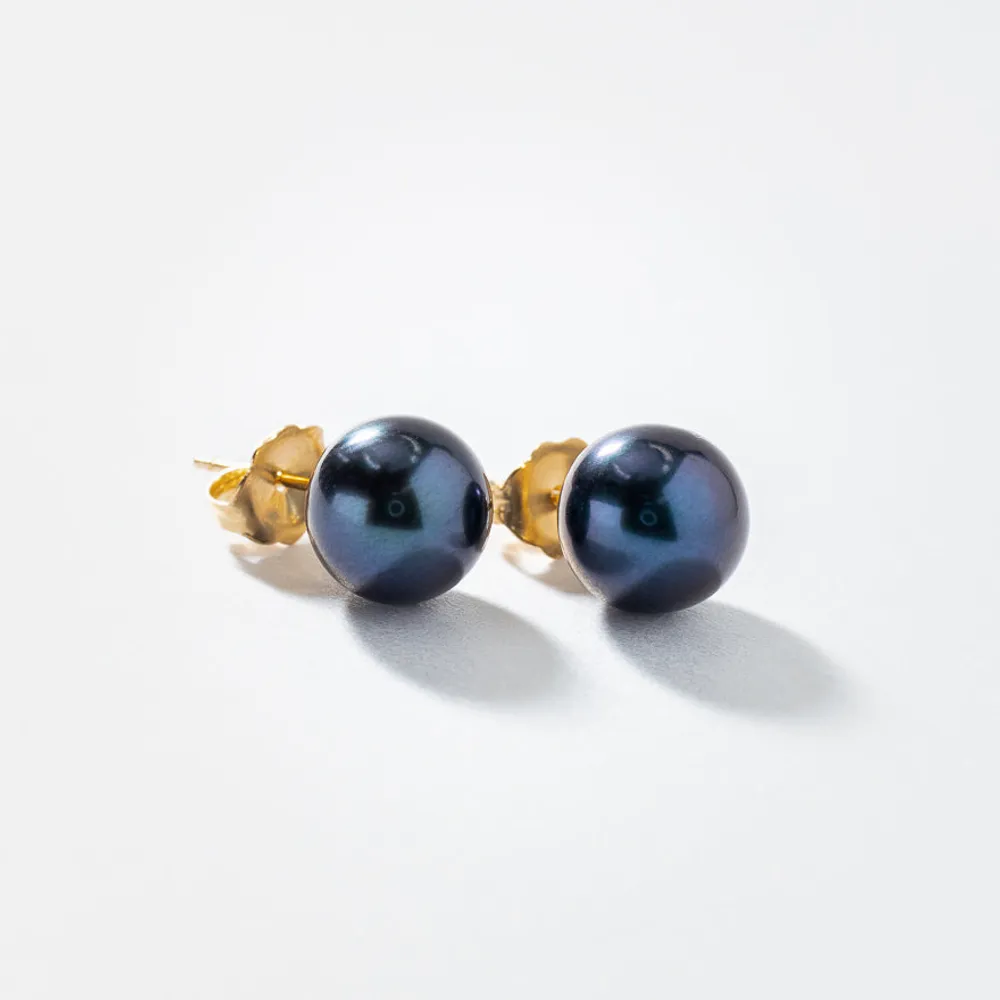 8-8.5mm Black Peacock Pearl Stud Earrings in 14K Yellow Gold