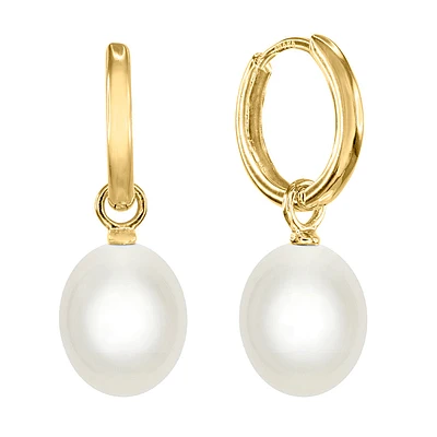 Freshwater Cultured Pearl Dangle Hoop Earrings in 14K Yellow Gold