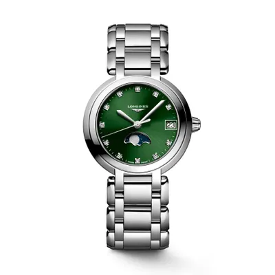 Longines PrimaLuna Moonphase Green Dial 30.5mm Quartz Watch | L8.115.4