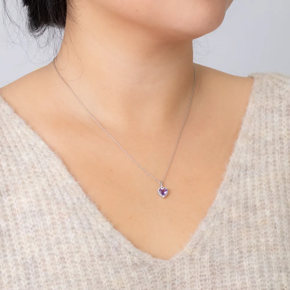 Heart Shaped Amethyst and Diamond Pendant in 14K White Gold