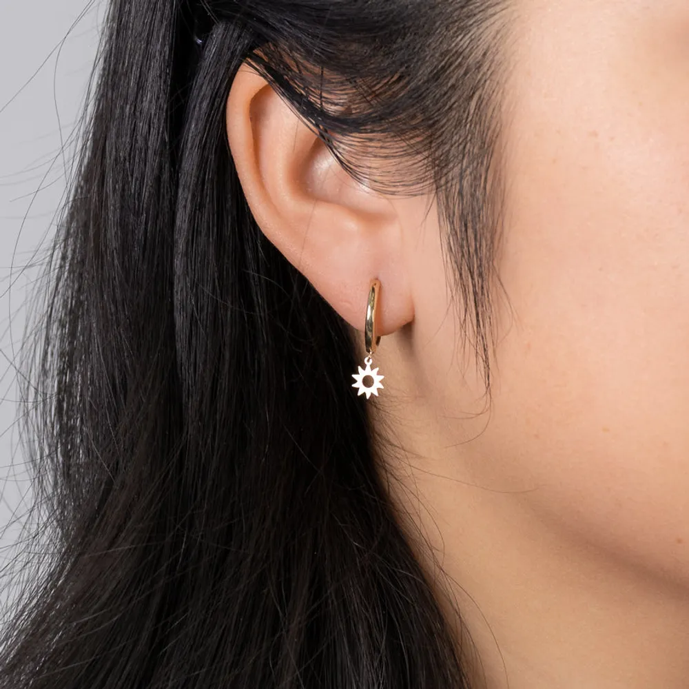 Asymmetrical Dangling Sun and Moon Hoop Earrings in 10K Yellow Gold