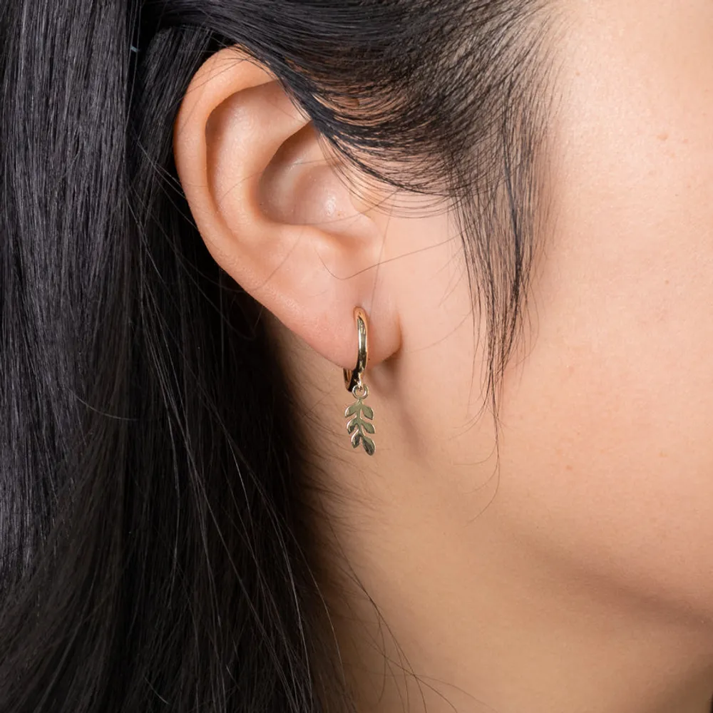 Olive Leaf Drop Hoop Earrings in 10K Yellow Gold