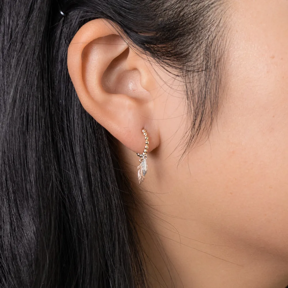 Beaded Hoop Earrings With Feather Charm In 10K Yellow, White and Rose