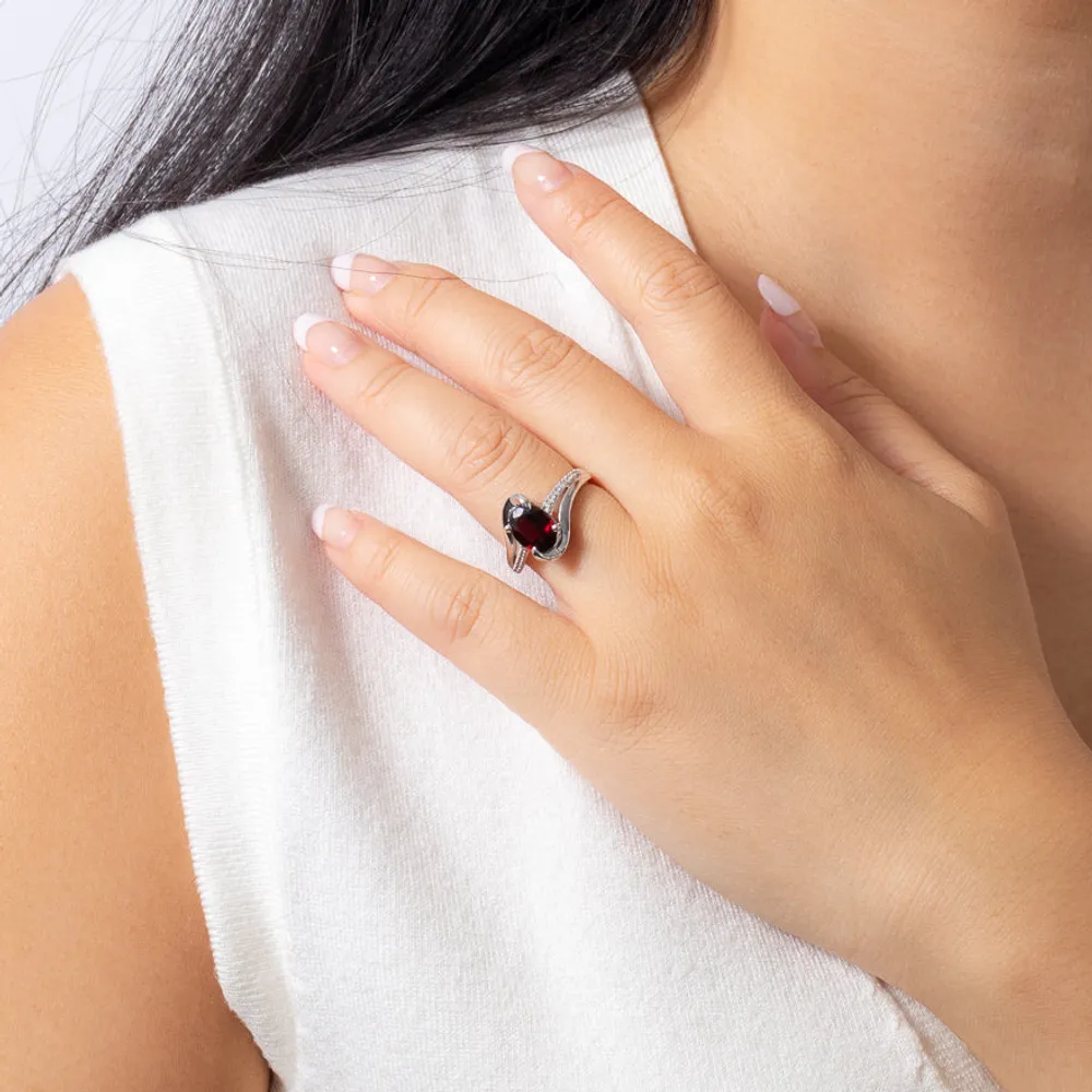 Oval Garnet Ring With Diamond Accents 10K White Gold