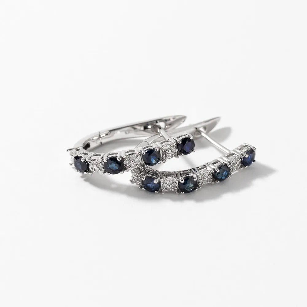 Sapphire and Diamond Hoop Earrings in 10K White Gold