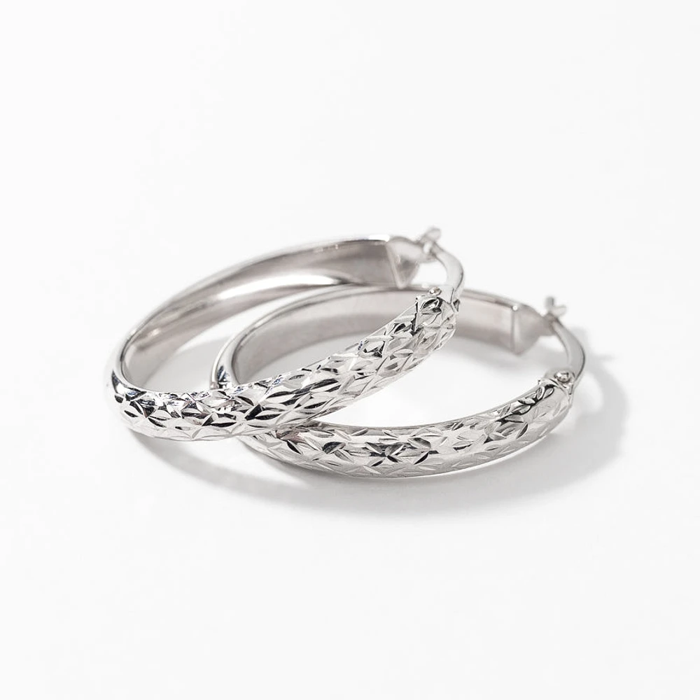 Oval Diamond Cut Hoop Earrings 10K White Gold