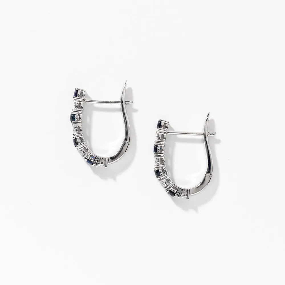 Sapphire and Diamond Hoop Earrings in 10K White Gold