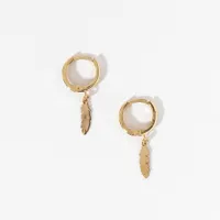 Feather Drop Hoop Earrings in 10K Yellow Gold