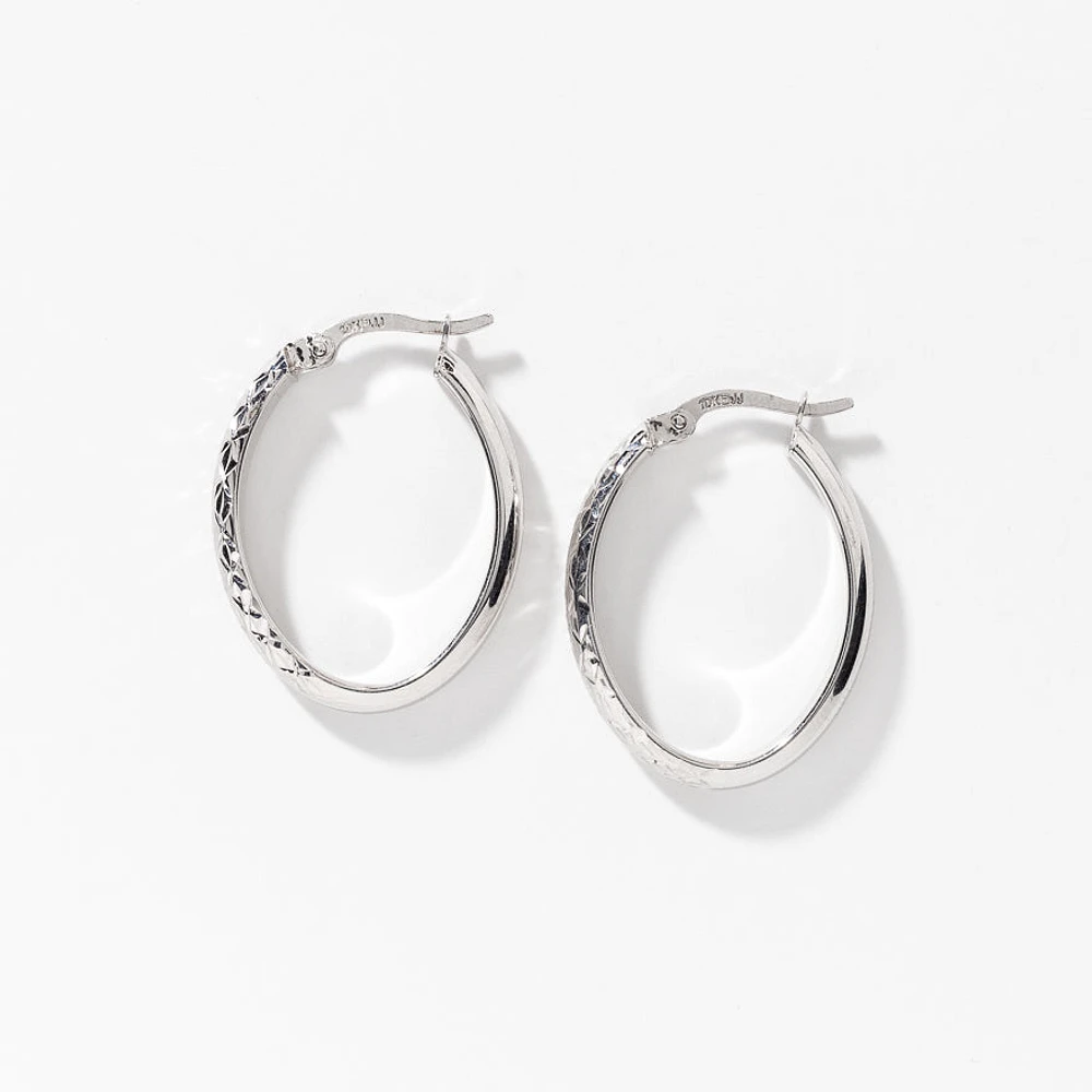 Oval Diamond Cut Hoop Earrings 10K White Gold
