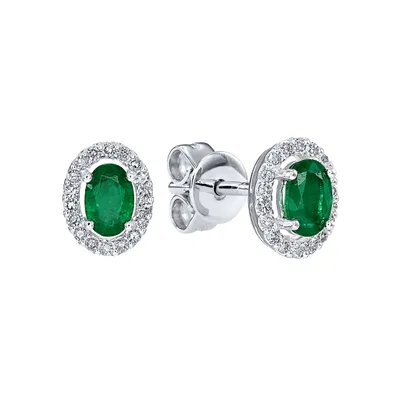 Oval Emerald and Diamond Halo Earrings in 10K White Gold (0.21 ct tw)