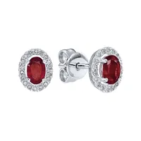 Oval Ruby and Diamond Halo Earrings in 10K White Gold (0.21 ct tw)