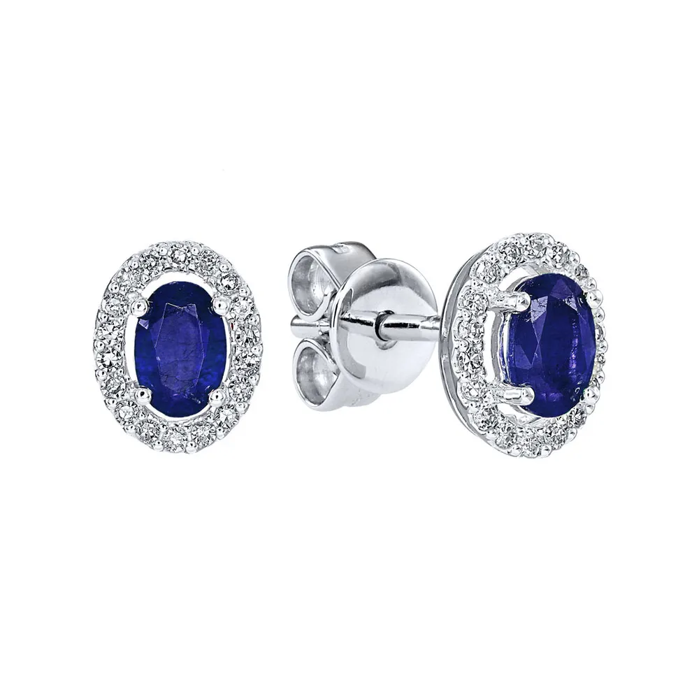 Oval Sapphire and Diamond Halo Earrings in 10K White Gold (0.21 ct tw)