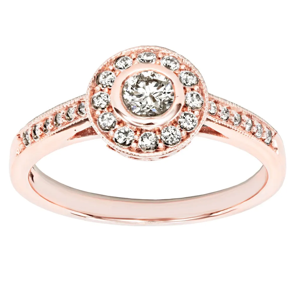 Bezel Set Diamond Engagement Halo Ring 14K Rose Gold (0.46ct tw)