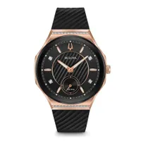 Bulova Ladies' Curv Rose Gold-Tone Black Rubber Strap Watch | 98R239