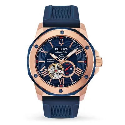Bulova Mens Marine Star Watch In Rose Gold and Blue | 98A227