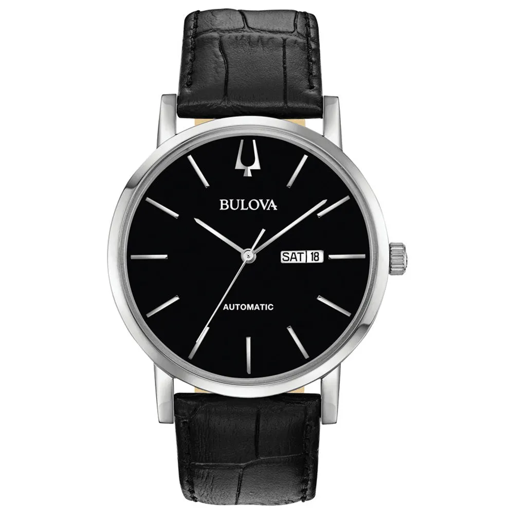 Bulova Men's Classic Automatic Black Dial Black Leather Watch | 96C131