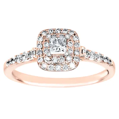 Double Halo Princess Diamond Engagement Ring 14K Rose Gold (0.50ct