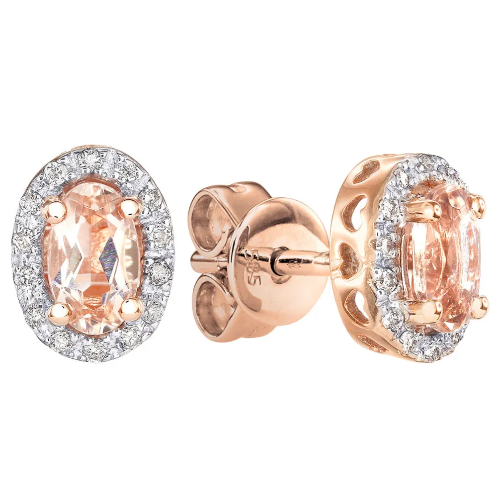 Oval Morganite and Diamond Earrings In 14K Rose Gold (0.08ct tw)