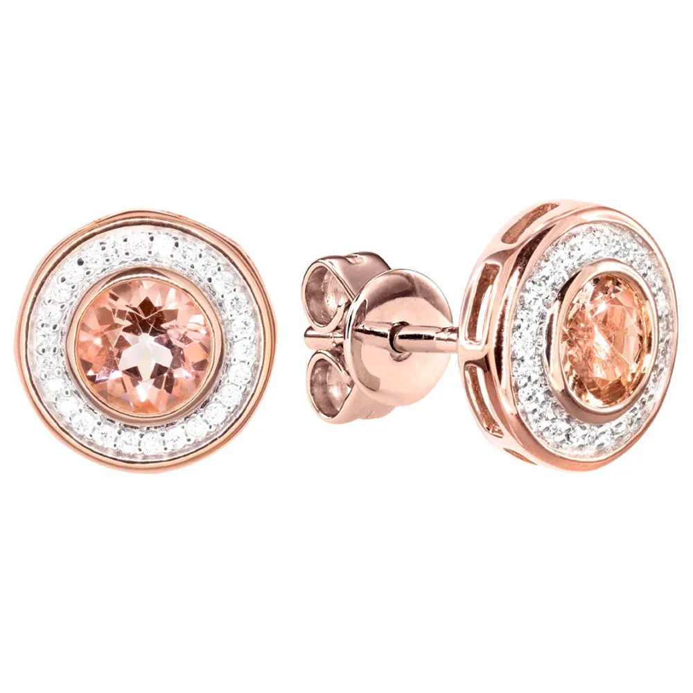 Morganite Diamond Halo Earrings in 14K Rose Gold