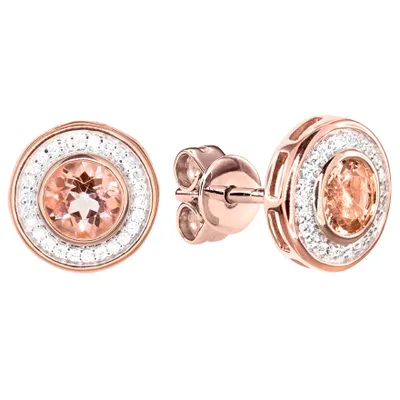 Morganite Diamond Halo Earrings in 14K Rose Gold