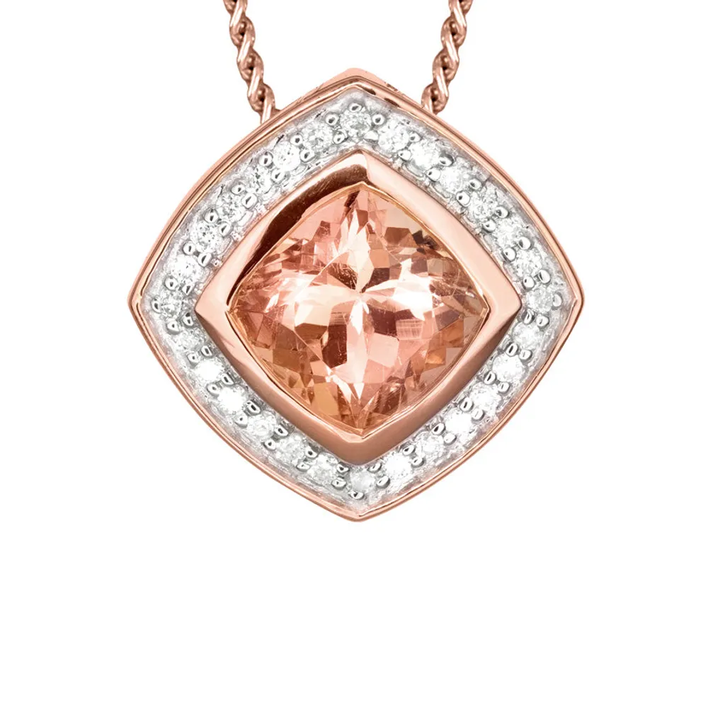 Morganite Diamond Round Square Shaped Necklace in 14K Rose Gold
