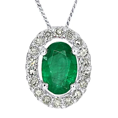 Oval Emerald and Diamond Halo Necklace in 10K White Gold (0.12ct tw)