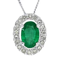 Oval Emerald and Diamond Halo Necklace in 10K White Gold (0.12ct tw)