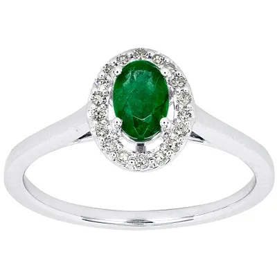 Oval Emerald and Diamond Halo Ring 10K White Gold (0.12 ct tw)