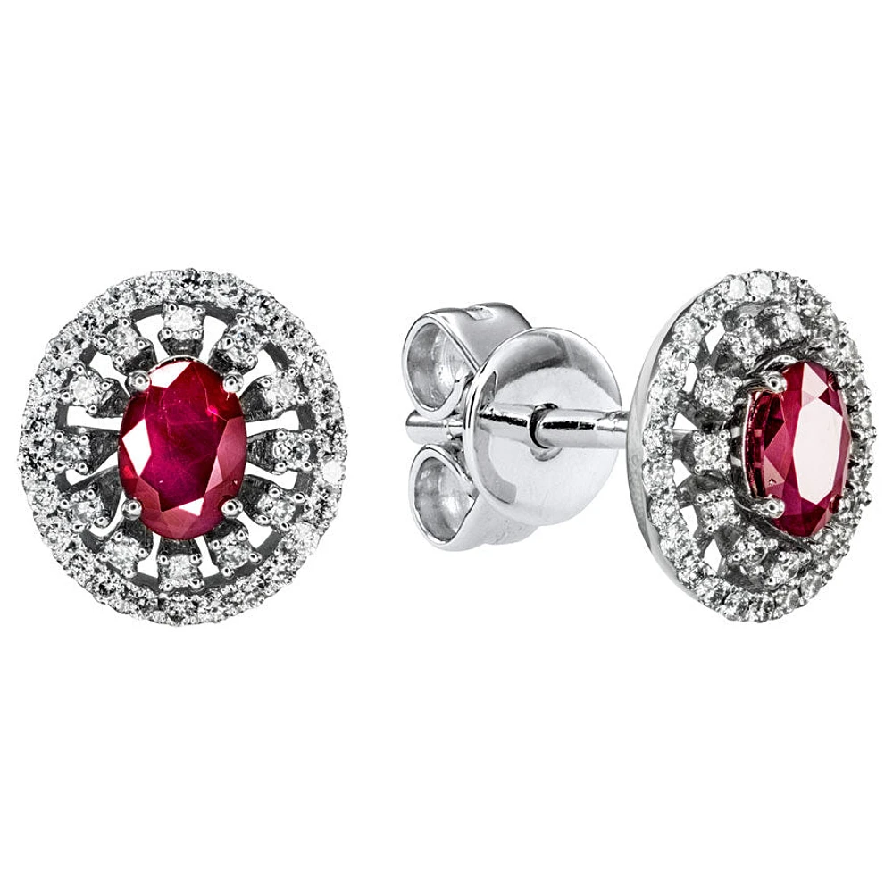Oval Ruby (4x6mm) And Double Halo Diamond Earrings In 10K White Gold