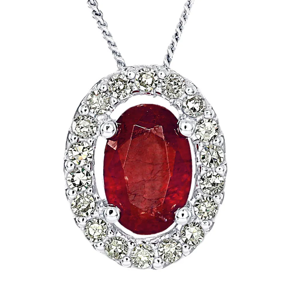 Oval Ruby and Diamond Halo Necklace in 10K White Gold (0.12ct tw)