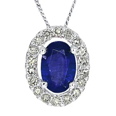 Oval Sapphire and Diamond Halo Necklace in 10K White Gold (0.12ct tw)
