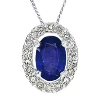 Oval Sapphire and Diamond Halo Necklace in 10K White Gold (0.12ct tw)