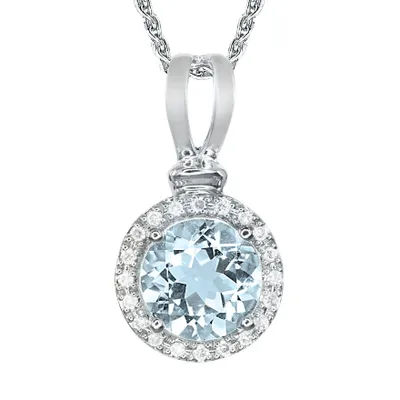 Round Aquamarine and Halo Diamond Pendant Necklace in 10K White Gold
