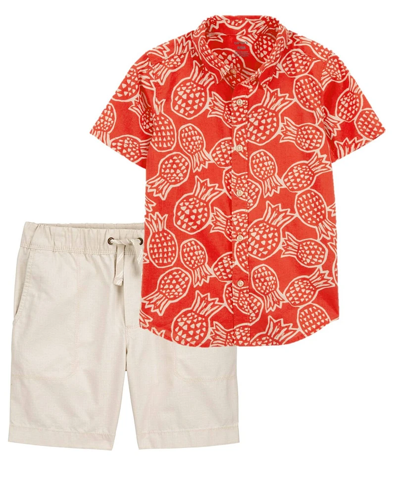 Kid 2-Piece Pineapple Button-Down Shirt & Pull-On Shorts Set